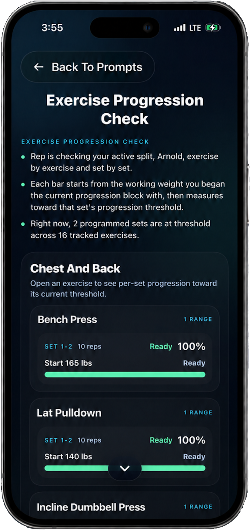 Metriks exercise progression screen with overload estimates.